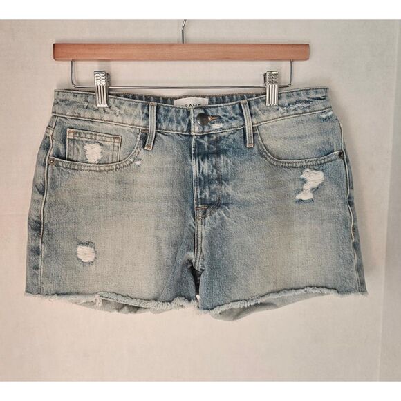 FRAME Le Garçon Denim Shorts Size 26 Acid Wash Raw Hem Distressed Boyfriend - Picture 1 of 8